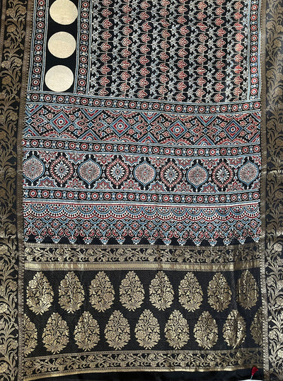 RUPALI: Handblock Ajrakh Dola Silk Saree with Meenakari Pallu