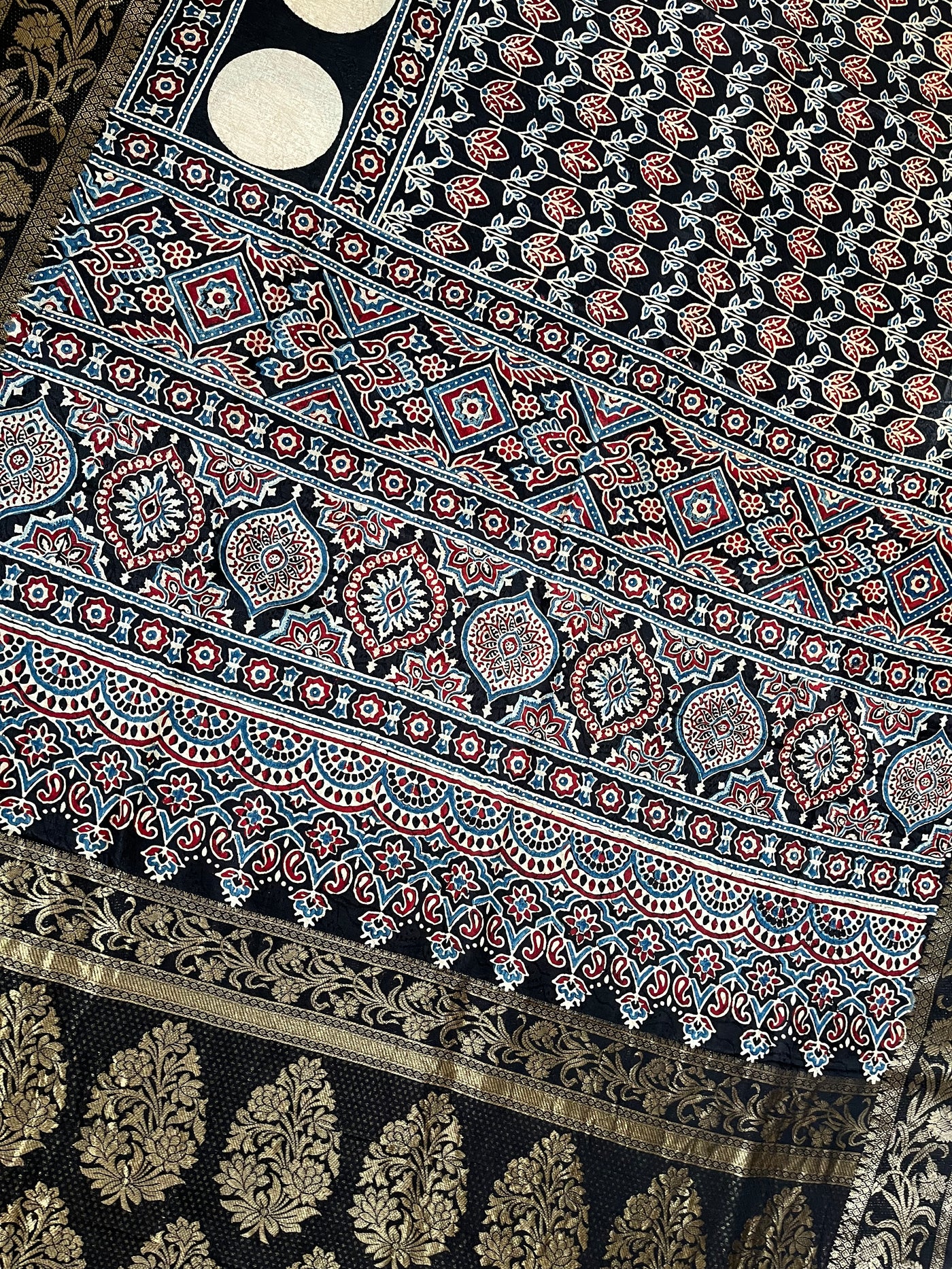 RUPALI: Handblock Ajrakh Dola Silk Saree with Meenakari Pallu
