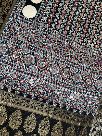 RUPALI: Handblock Ajrakh Dola Silk Saree with Meenakari Pallu