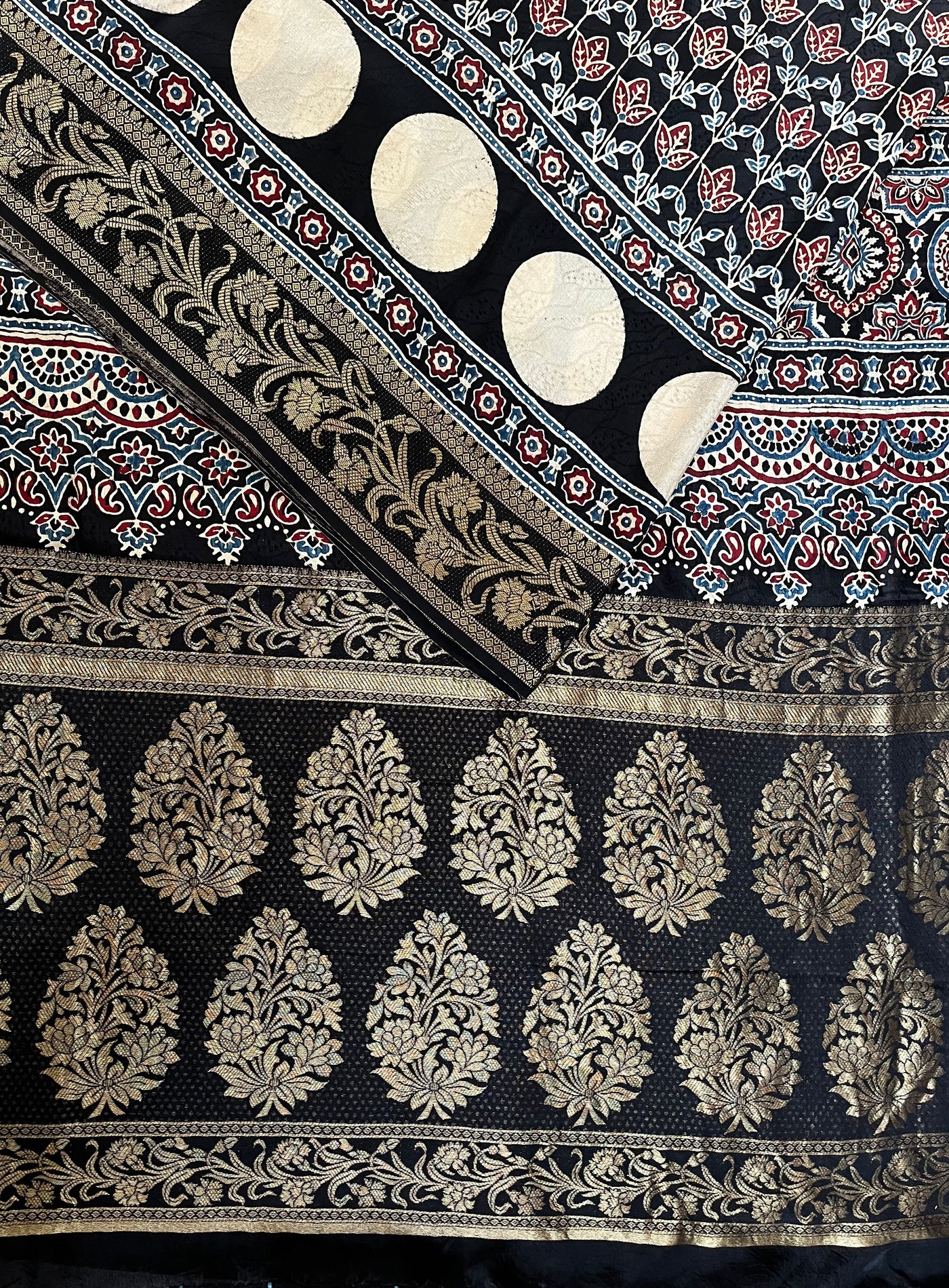 RUPALI: Handblock Ajrakh Dola Silk Saree with Meenakari Pallu