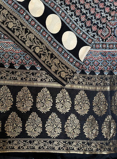 RUPALI: Handblock Ajrakh Dola Silk Saree with Meenakari Pallu