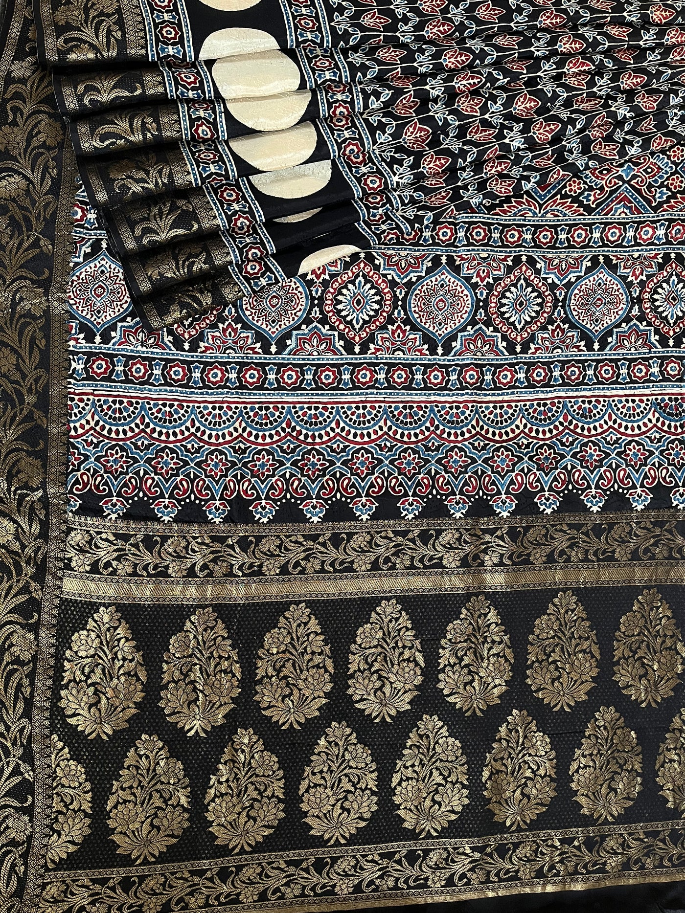 RUPALI: Handblock Ajrakh Dola Silk Saree with Meenakari Pallu