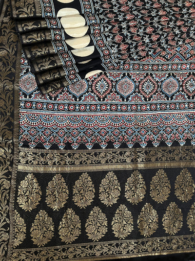 RUPALI: Handblock Ajrakh Dola Silk Saree with Meenakari Pallu