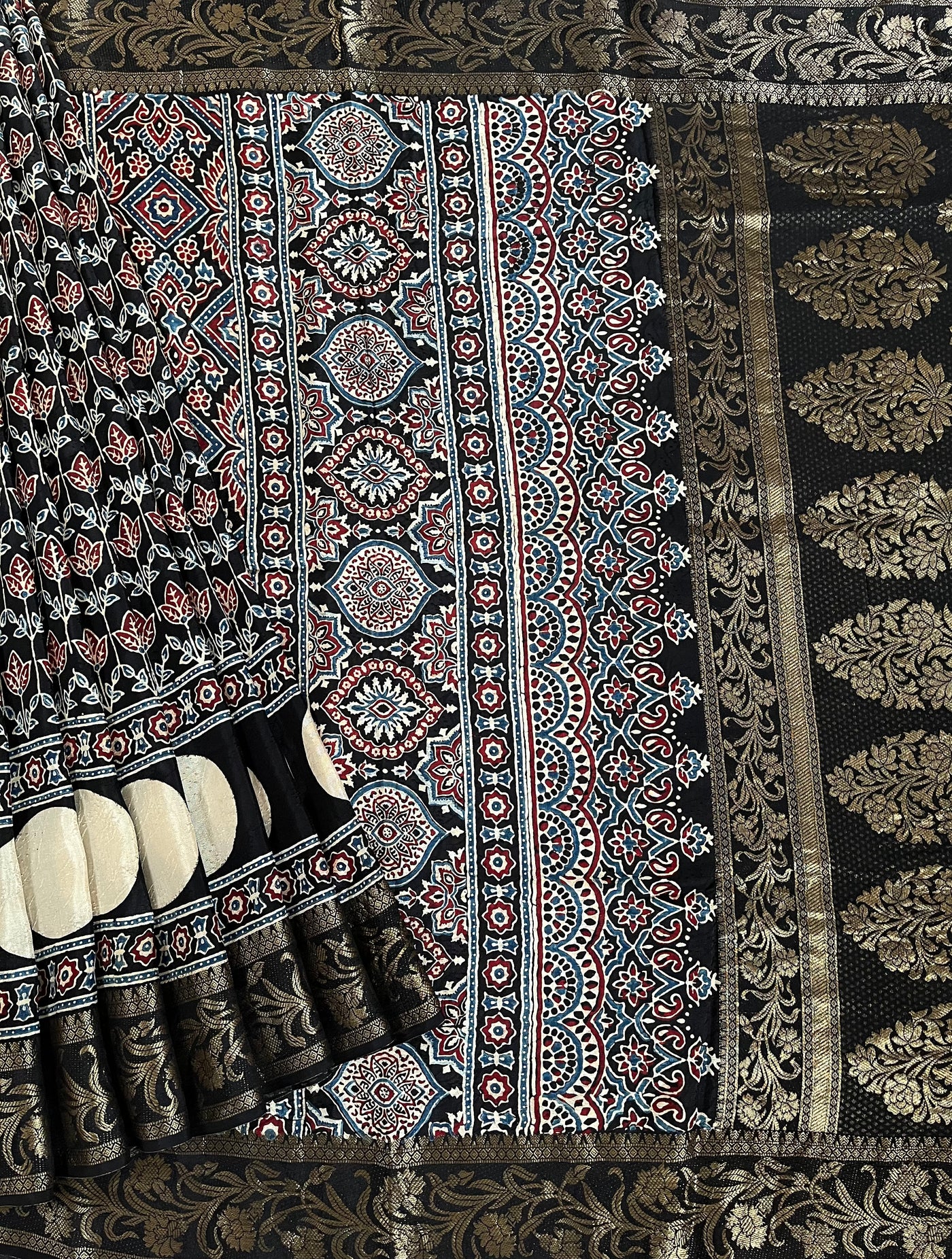 RUPALI: Handblock Ajrakh Dola Silk Saree with Meenakari Pallu