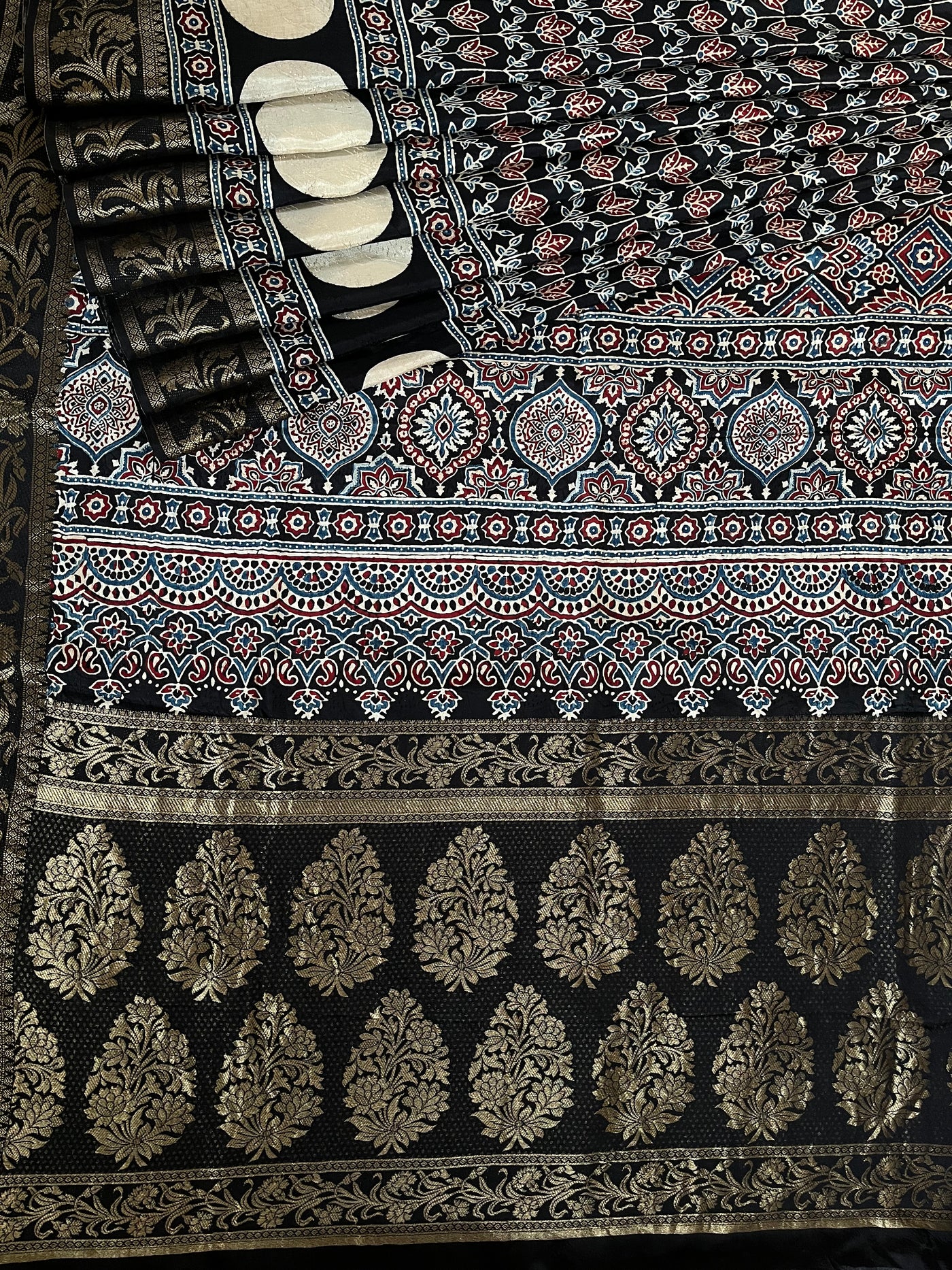 RUPALI: Handblock Ajrakh Dola Silk Saree with Meenakari Pallu