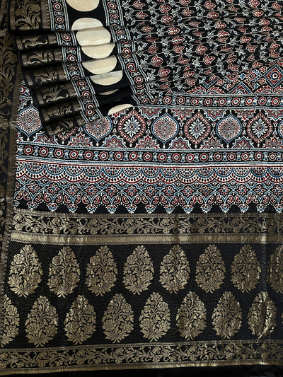 RUPALI: Handblock Ajrakh Dola Silk Saree with Meenakari Pallu