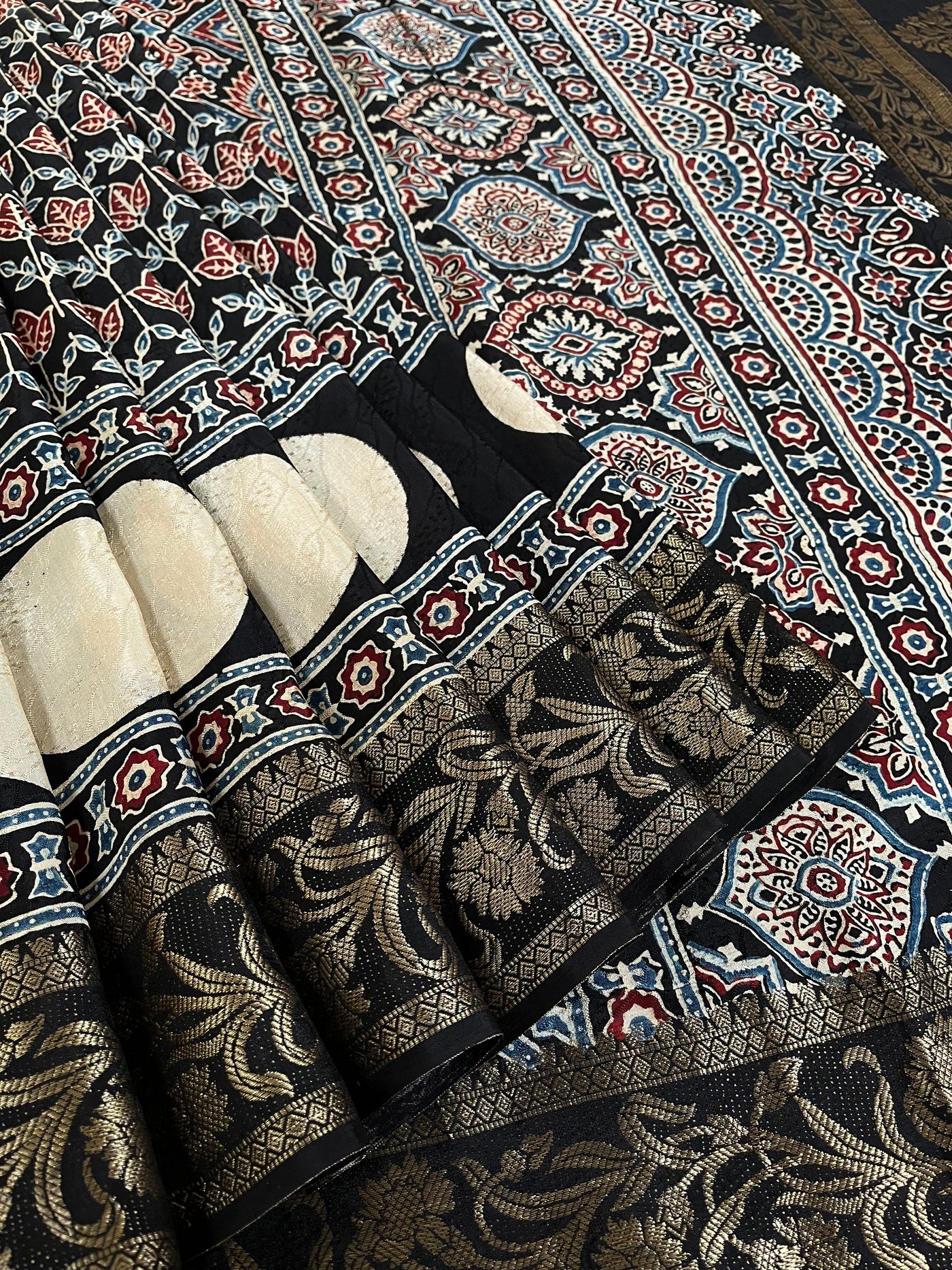 RUPALI: Handblock Ajrakh Dola Silk Saree with Meenakari Pallu