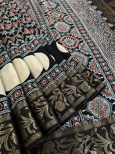RUPALI: Handblock Ajrakh Dola Silk Saree with Meenakari Pallu