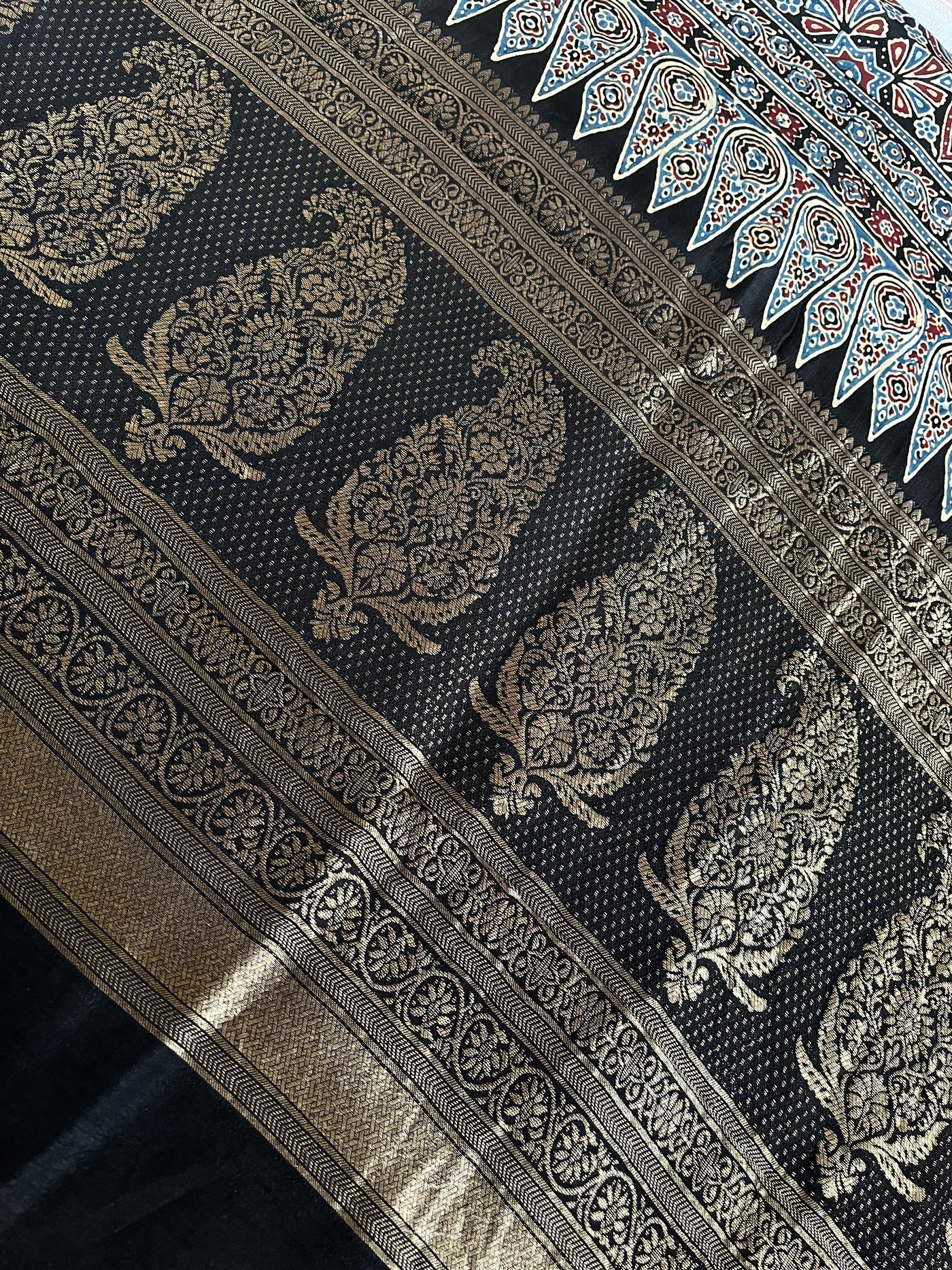 VIDISHA: Handblock Ajrakh Dola Silk Saree with Meenakari Pallu