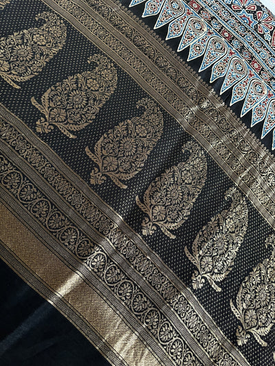 VIDISHA: Handblock Ajrakh Dola Silk Saree with Meenakari Pallu