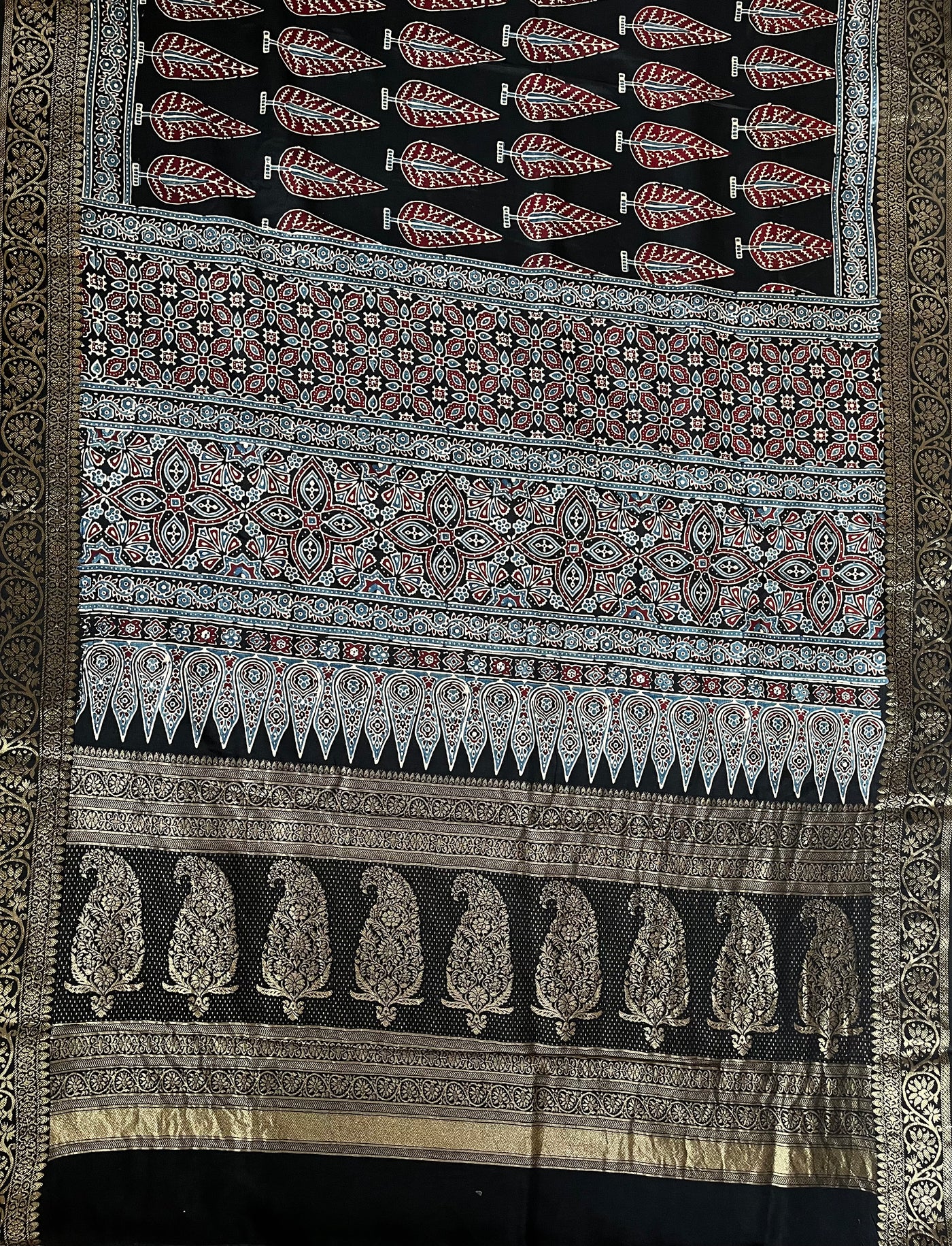 VIDISHA: Handblock Ajrakh Dola Silk Saree with Meenakari Pallu