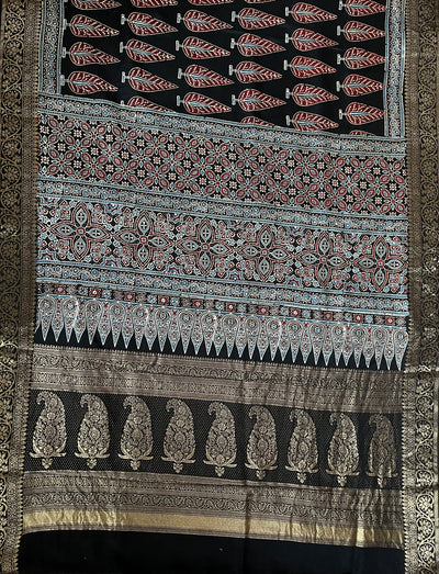 VIDISHA: Handblock Ajrakh Dola Silk Saree with Meenakari Pallu