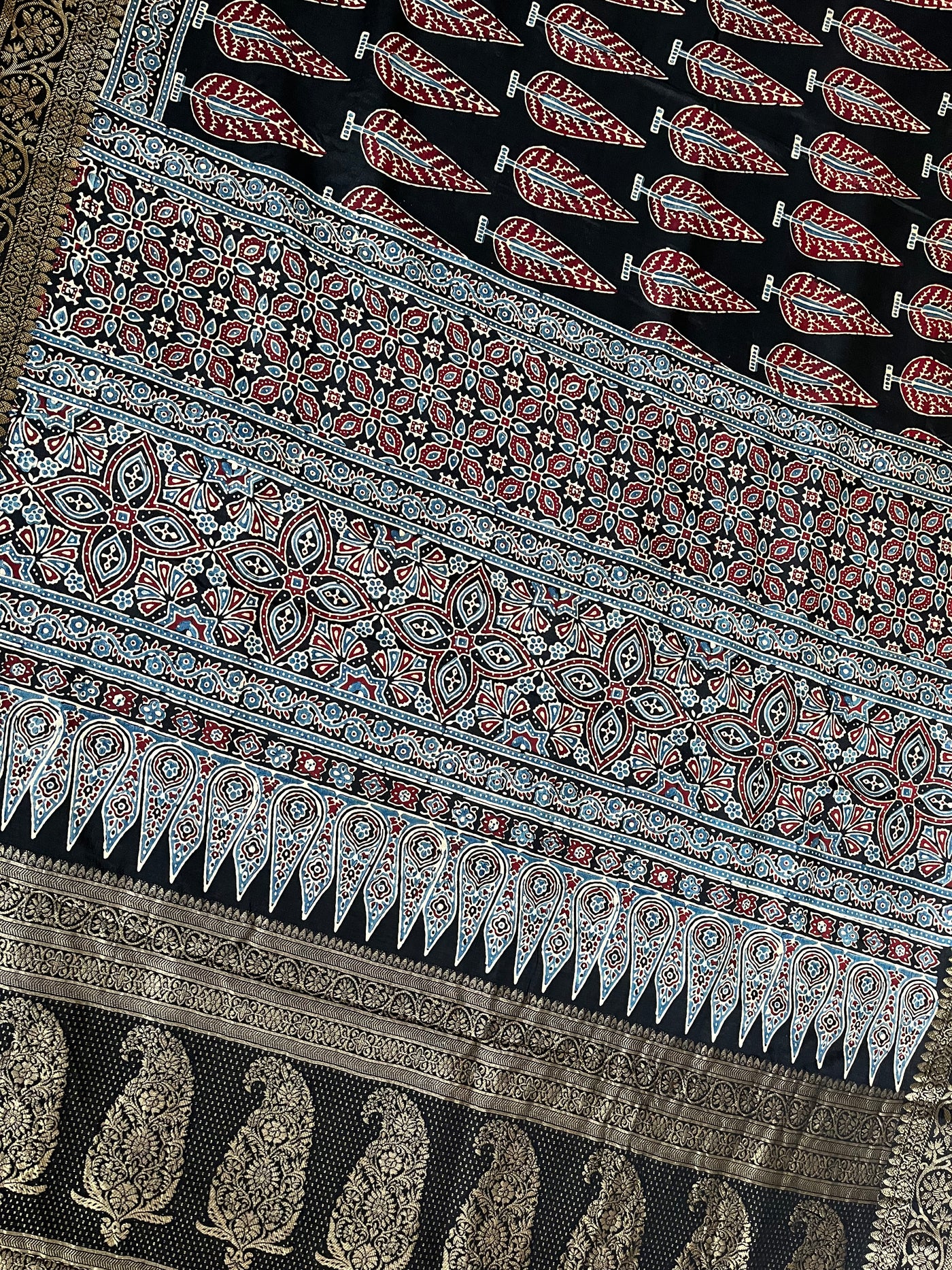 VIDISHA: Handblock Ajrakh Dola Silk Saree with Meenakari Pallu