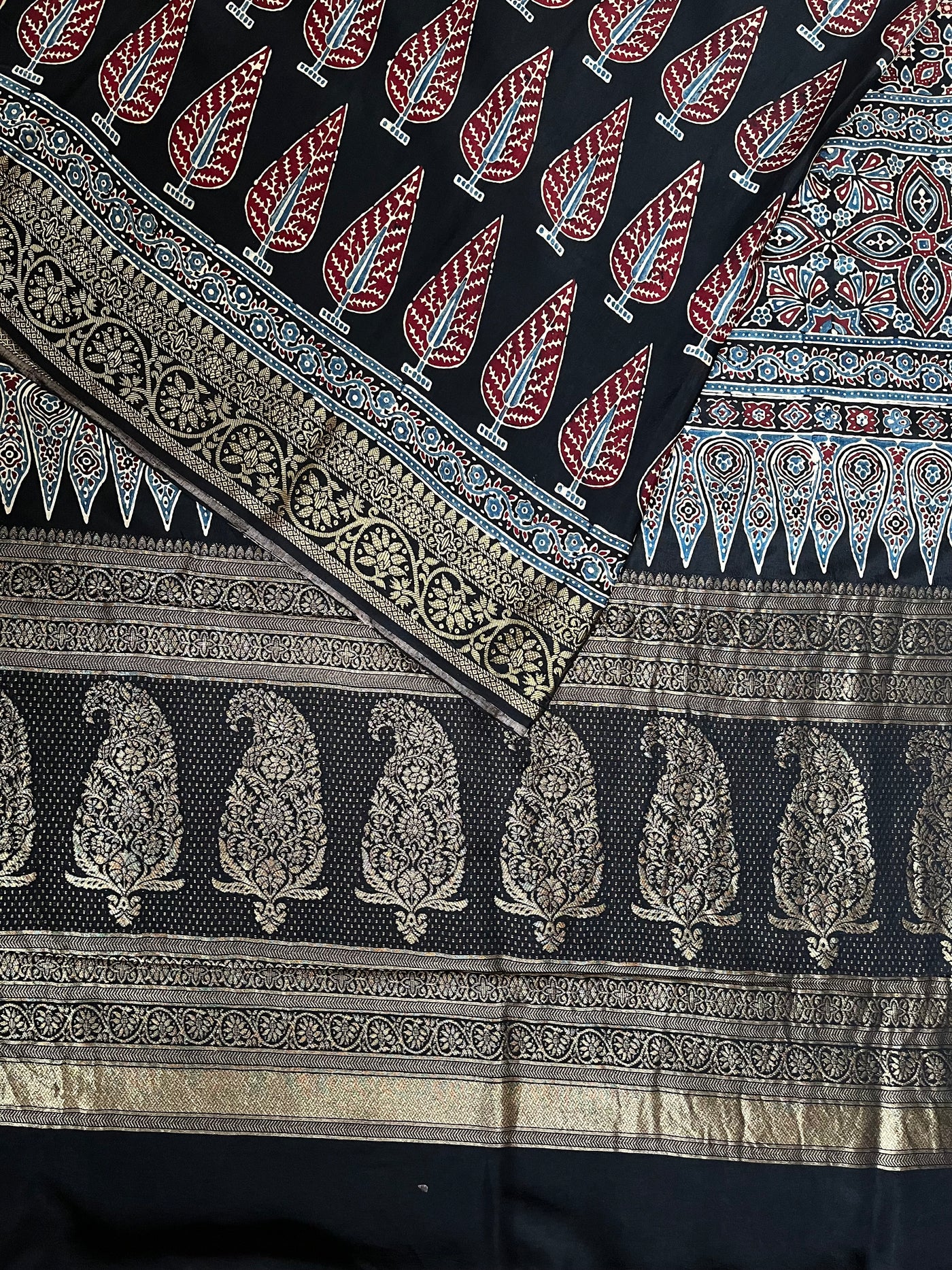 VIDISHA: Handblock Ajrakh Dola Silk Saree with Meenakari Pallu