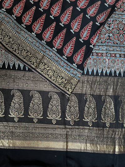 VIDISHA: Handblock Ajrakh Dola Silk Saree with Meenakari Pallu