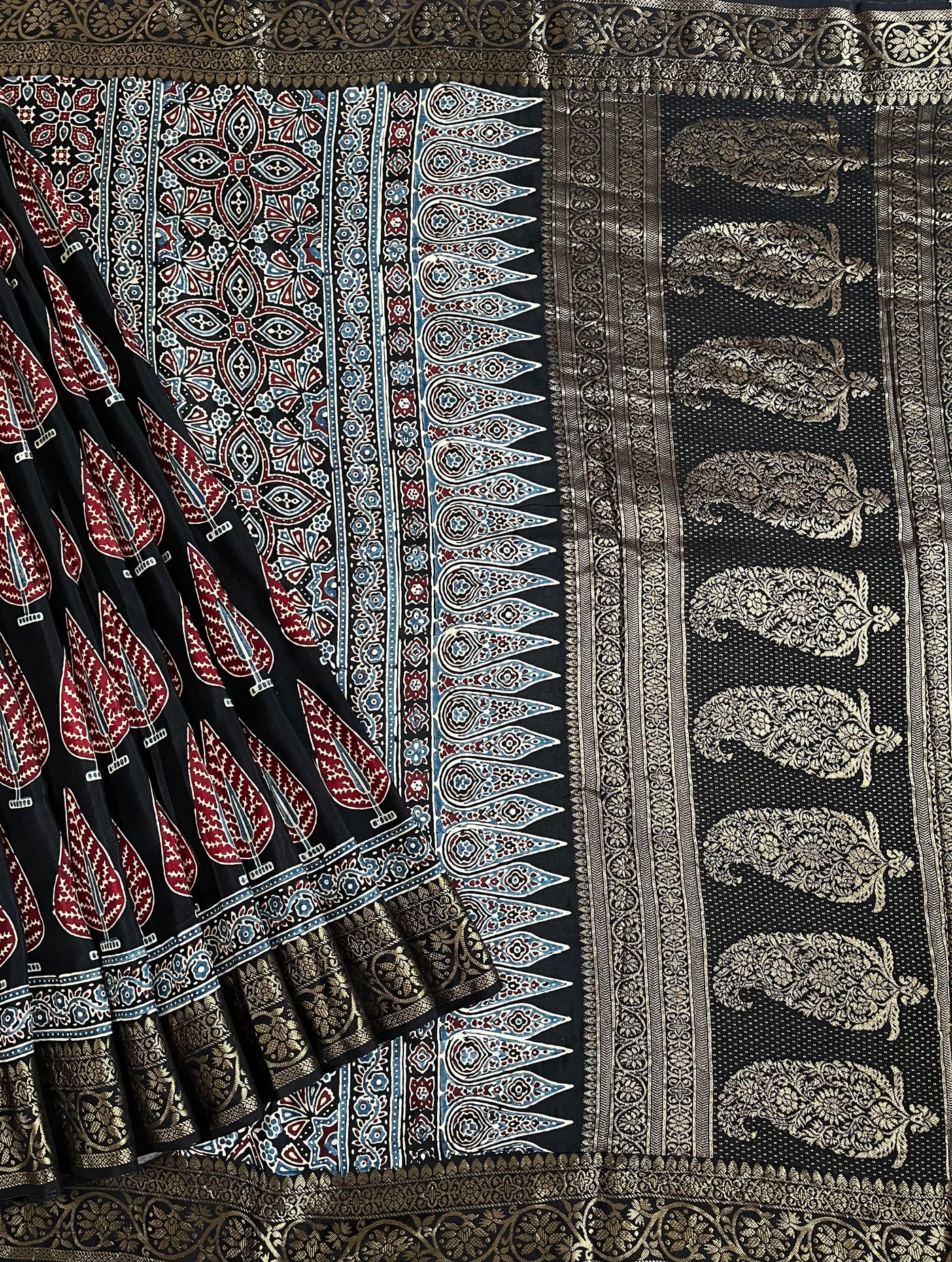 VIDISHA: Handblock Ajrakh Dola Silk Saree with Meenakari Pallu