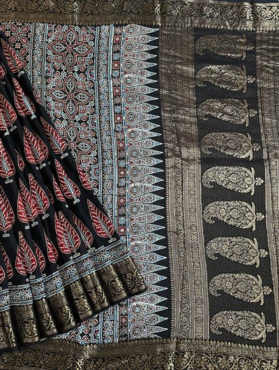 VIDISHA: Handblock Ajrakh Dola Silk Saree with Meenakari Pallu