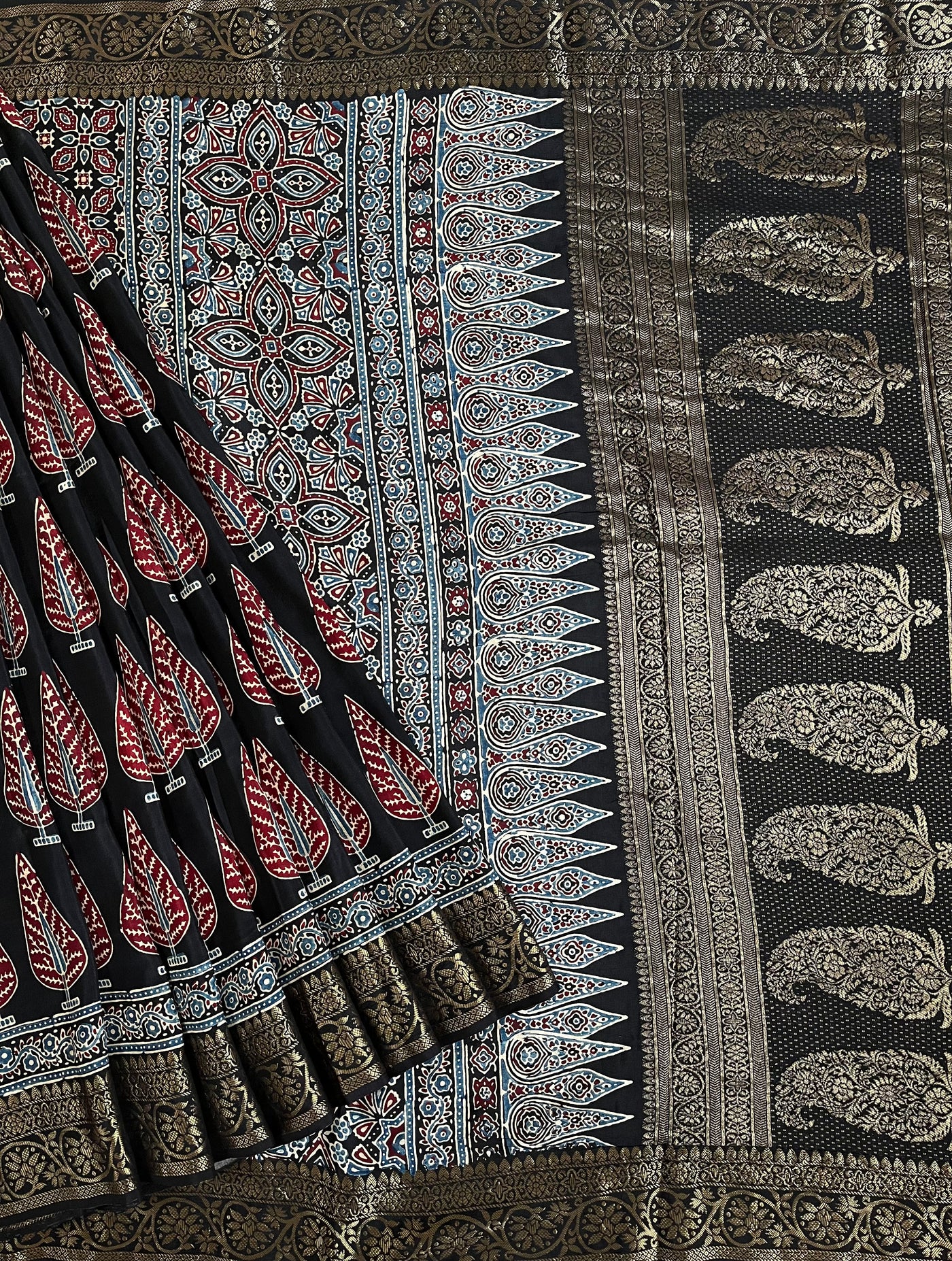 VIDISHA: Handblock Ajrakh Dola Silk Saree with Meenakari Pallu