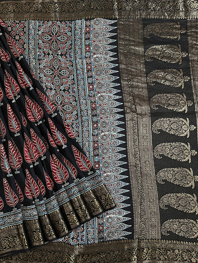 VIDISHA: Handblock Ajrakh Dola Silk Saree with Meenakari Pallu