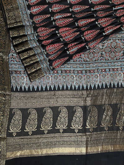 VIDISHA: Handblock Ajrakh Dola Silk Saree with Meenakari Pallu