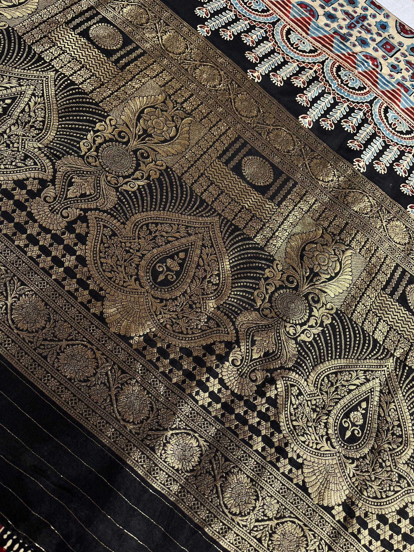 SHWETA: Handblock Ajrakh Dola Silk Saree with Meenakari Pallu