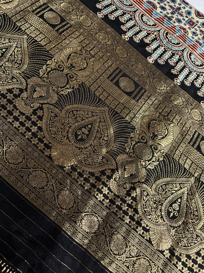 SHWETA: Handblock Ajrakh Dola Silk Saree with Meenakari Pallu