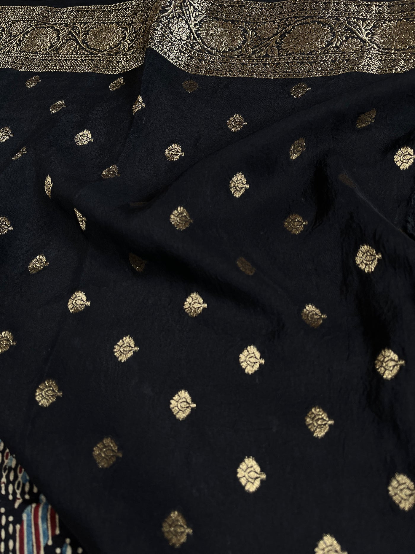 SHWETA: Handblock Ajrakh Dola Silk Saree with Meenakari Pallu