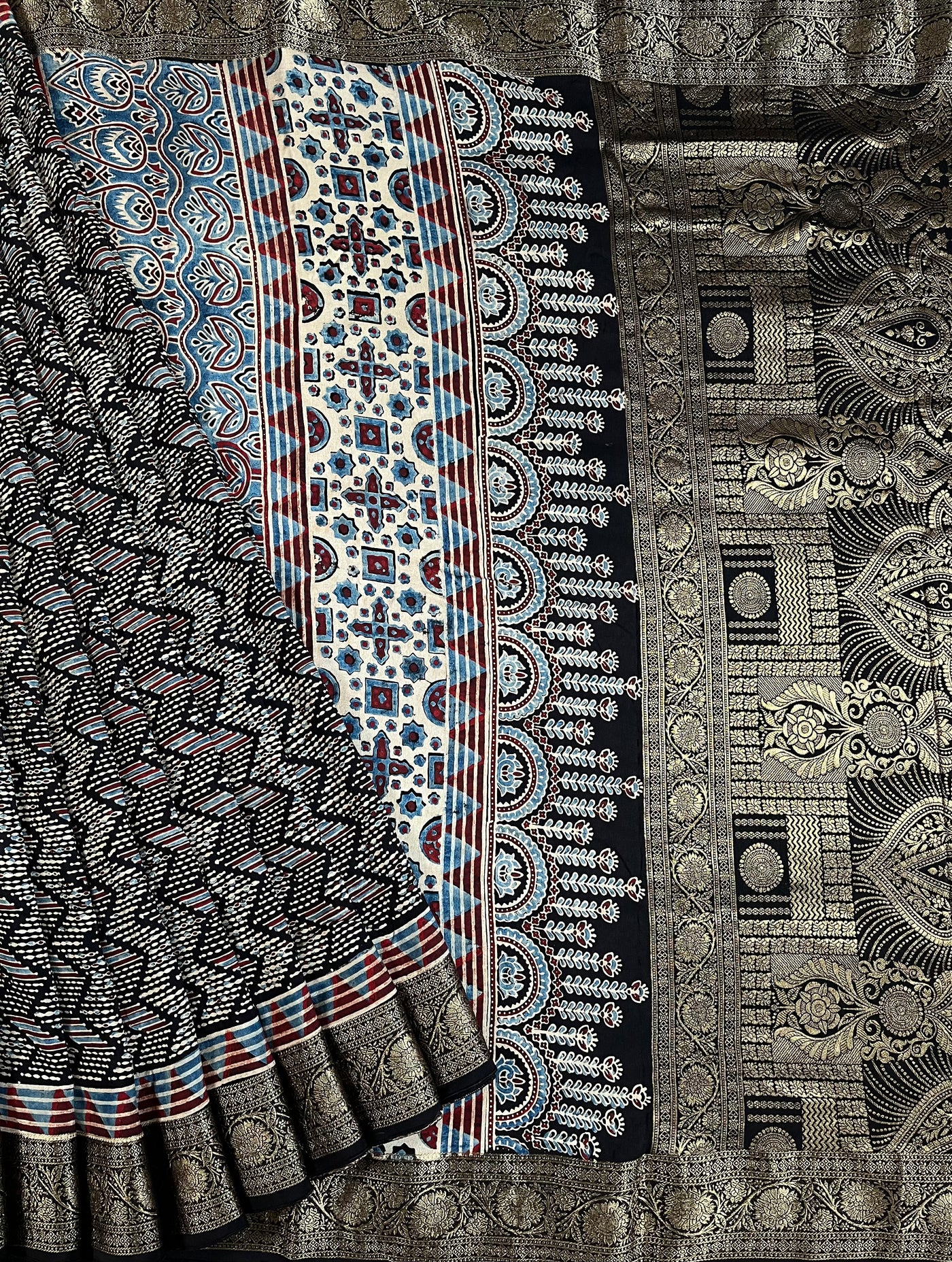 SHWETA: Handblock Ajrakh Dola Silk Saree with Meenakari Pallu