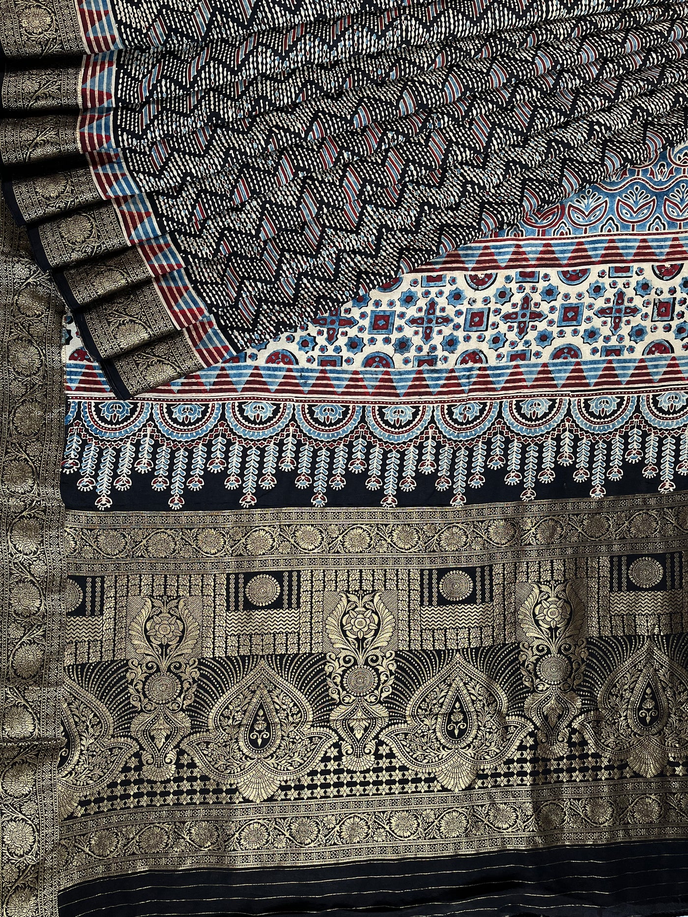 SHWETA: Handblock Ajrakh Dola Silk Saree with Meenakari Pallu