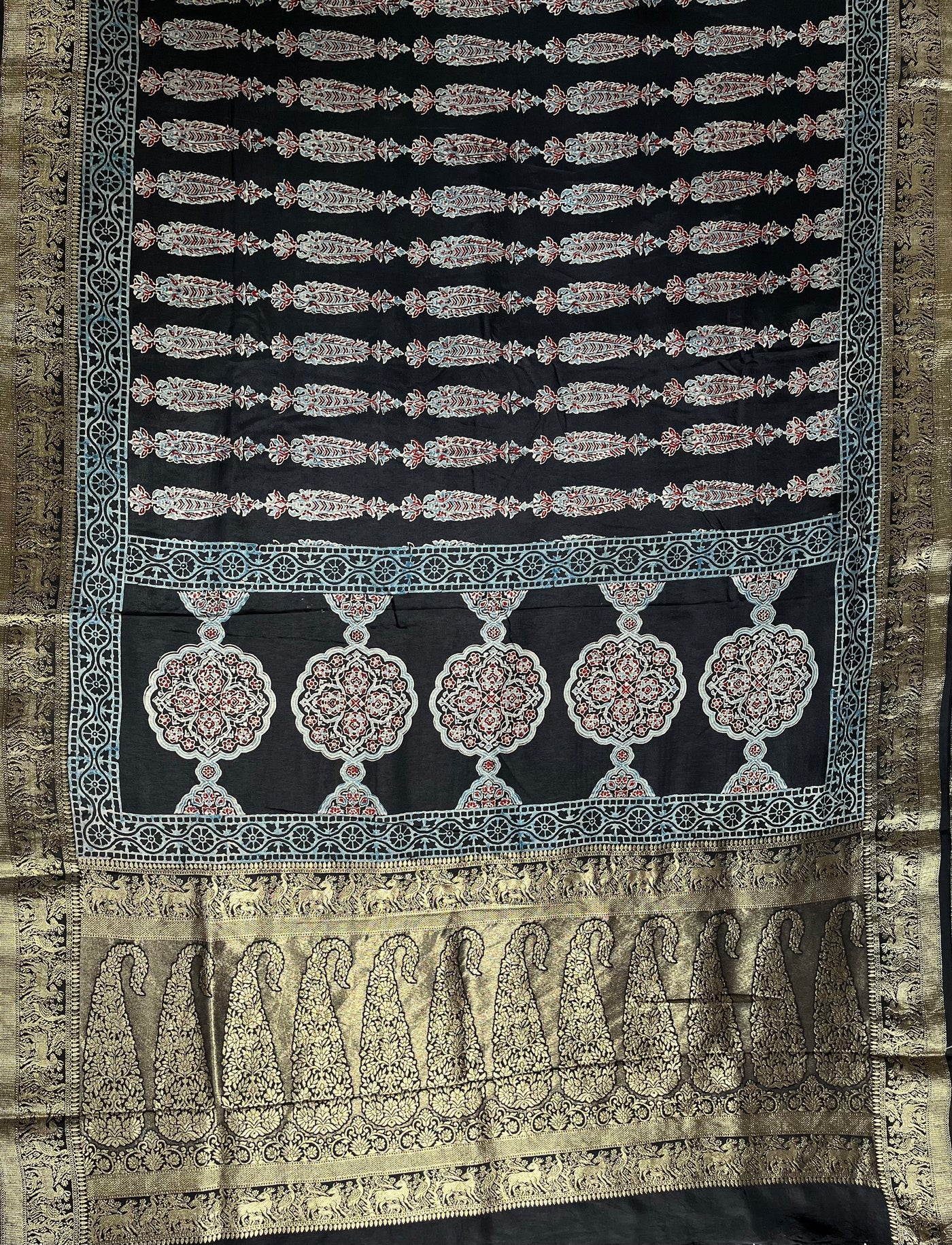 AVIKA: Handblock Ajrakh Dola Silk Saree with Meenakari Pallu