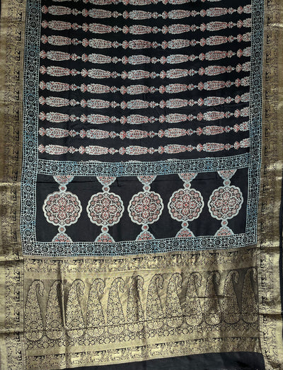 AVIKA: Handblock Ajrakh Dola Silk Saree with Meenakari Pallu