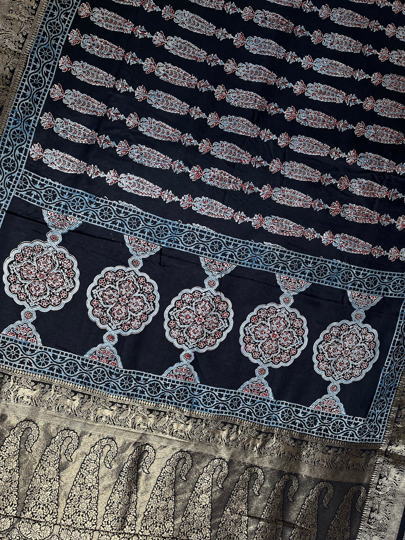 AVIKA: Handblock Ajrakh Dola Silk Saree with Meenakari Pallu