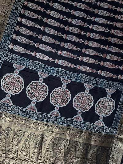 AVIKA: Handblock Ajrakh Dola Silk Saree with Meenakari Pallu