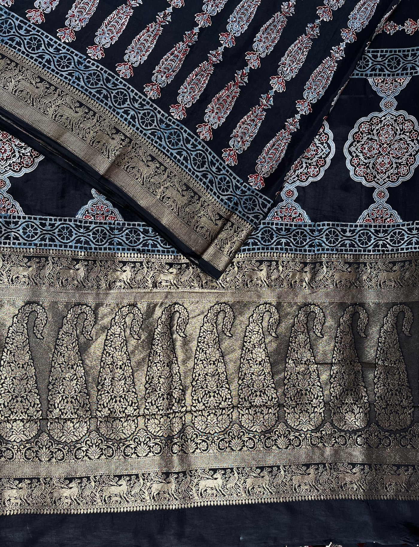 AVIKA: Handblock Ajrakh Dola Silk Saree with Meenakari Pallu