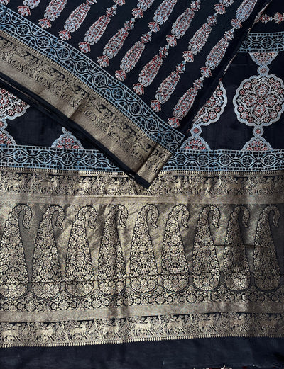 AVIKA: Handblock Ajrakh Dola Silk Saree with Meenakari Pallu