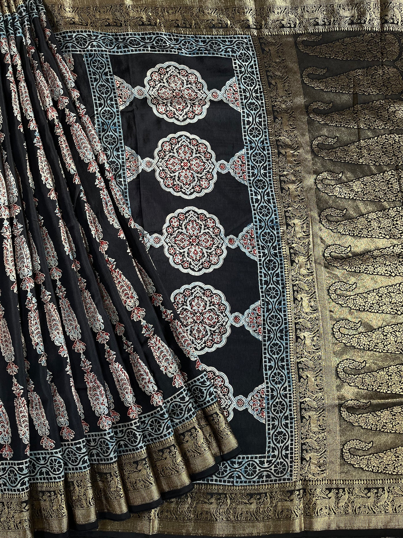AVIKA: Handblock Ajrakh Dola Silk Saree with Meenakari Pallu