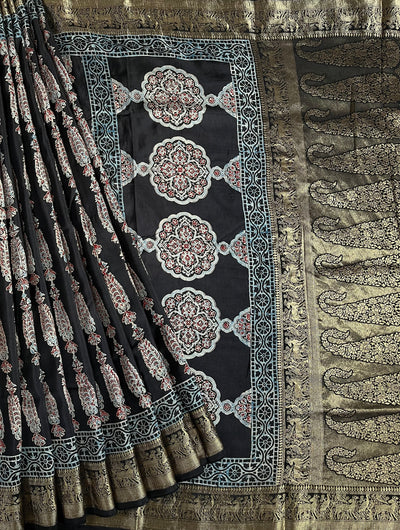 AVIKA: Handblock Ajrakh Dola Silk Saree with Meenakari Pallu