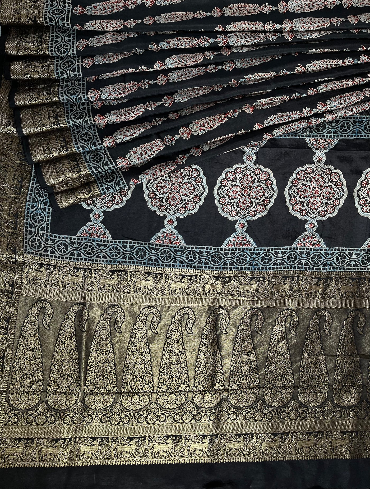 AVIKA: Handblock Ajrakh Dola Silk Saree with Meenakari Pallu