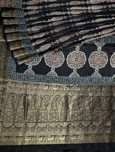 AVIKA: Handblock Ajrakh Dola Silk Saree with Meenakari Pallu