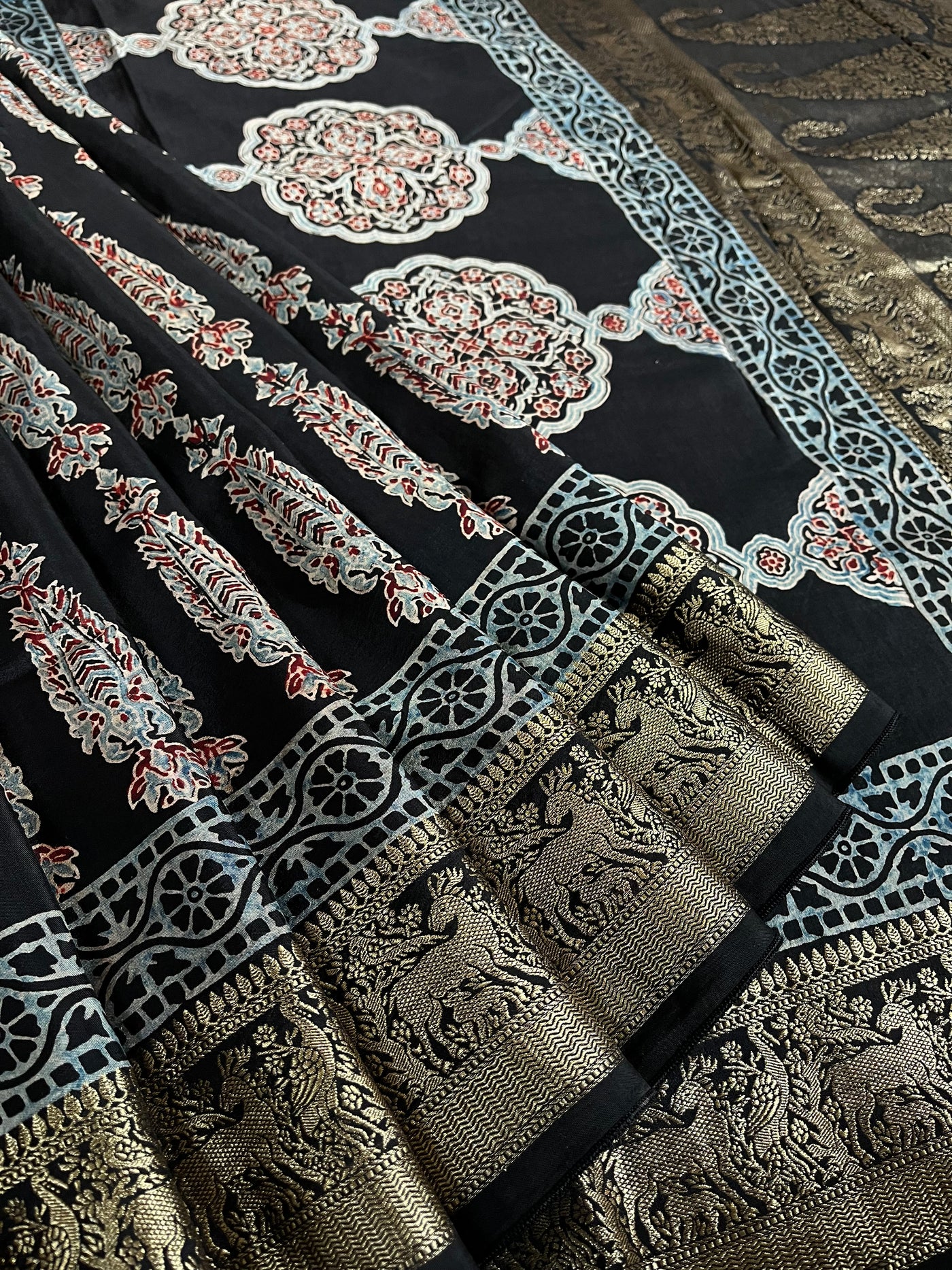 AVIKA: Handblock Ajrakh Dola Silk Saree with Meenakari Pallu