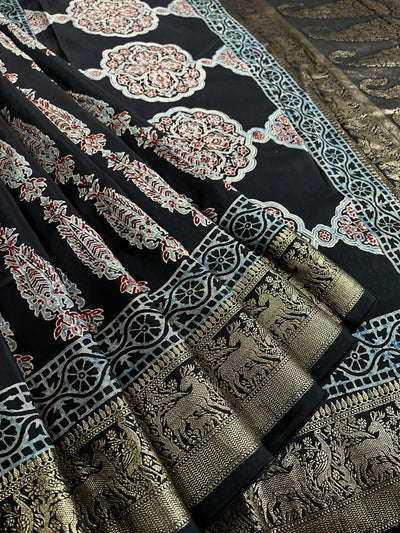 AVIKA: Handblock Ajrakh Dola Silk Saree with Meenakari Pallu