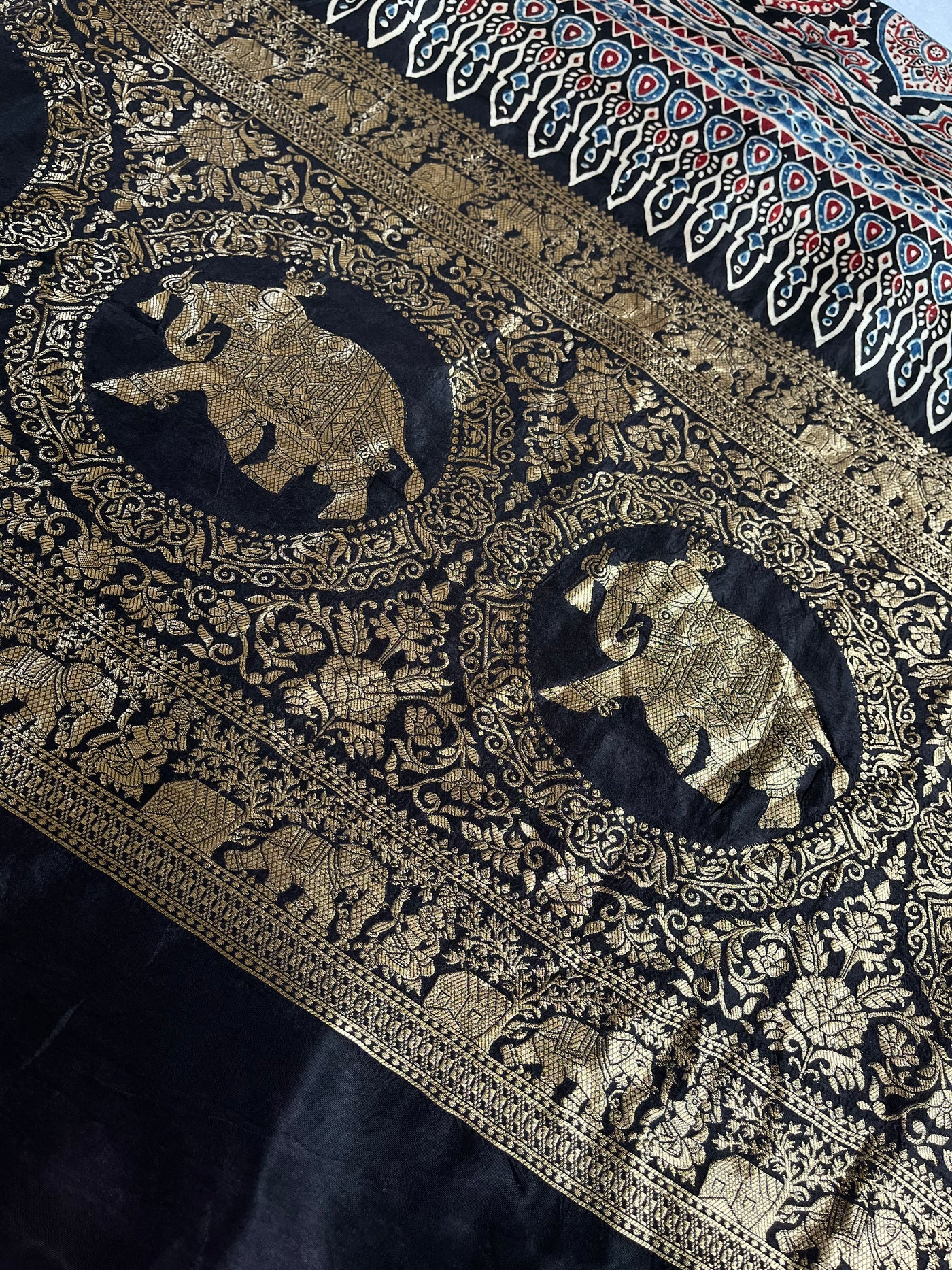 RADHIKA: Handblock Ajrakh Dola Silk Saree with Meenakari Pallu