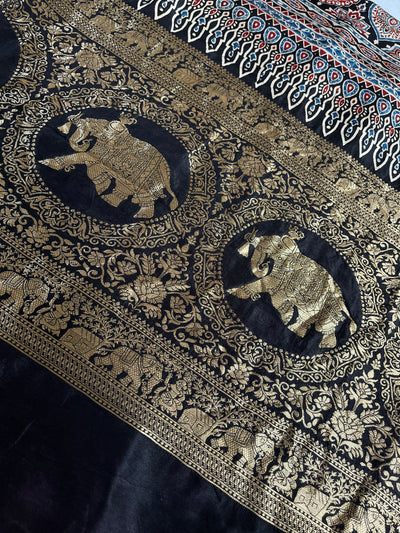 RADHIKA: Handblock Ajrakh Dola Silk Saree with Meenakari Pallu