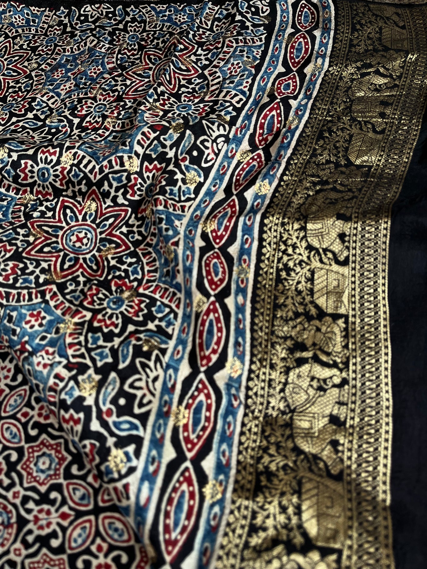 RADHIKA: Handblock Ajrakh Dola Silk Saree with Meenakari Pallu
