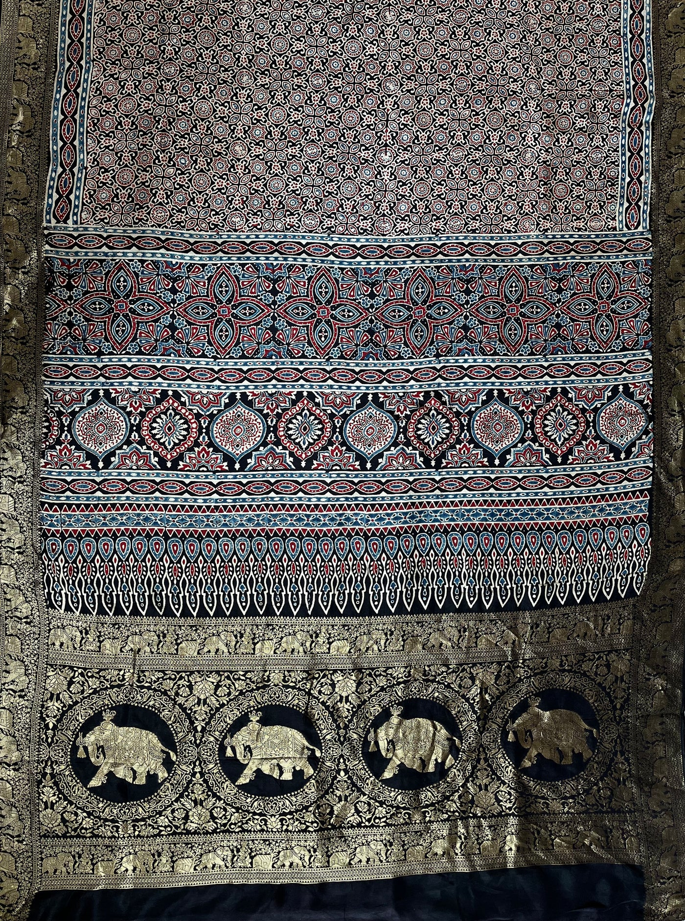 RADHIKA: Handblock Ajrakh Dola Silk Saree with Meenakari Pallu