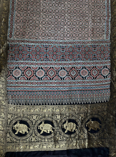 RADHIKA: Handblock Ajrakh Dola Silk Saree with Meenakari Pallu