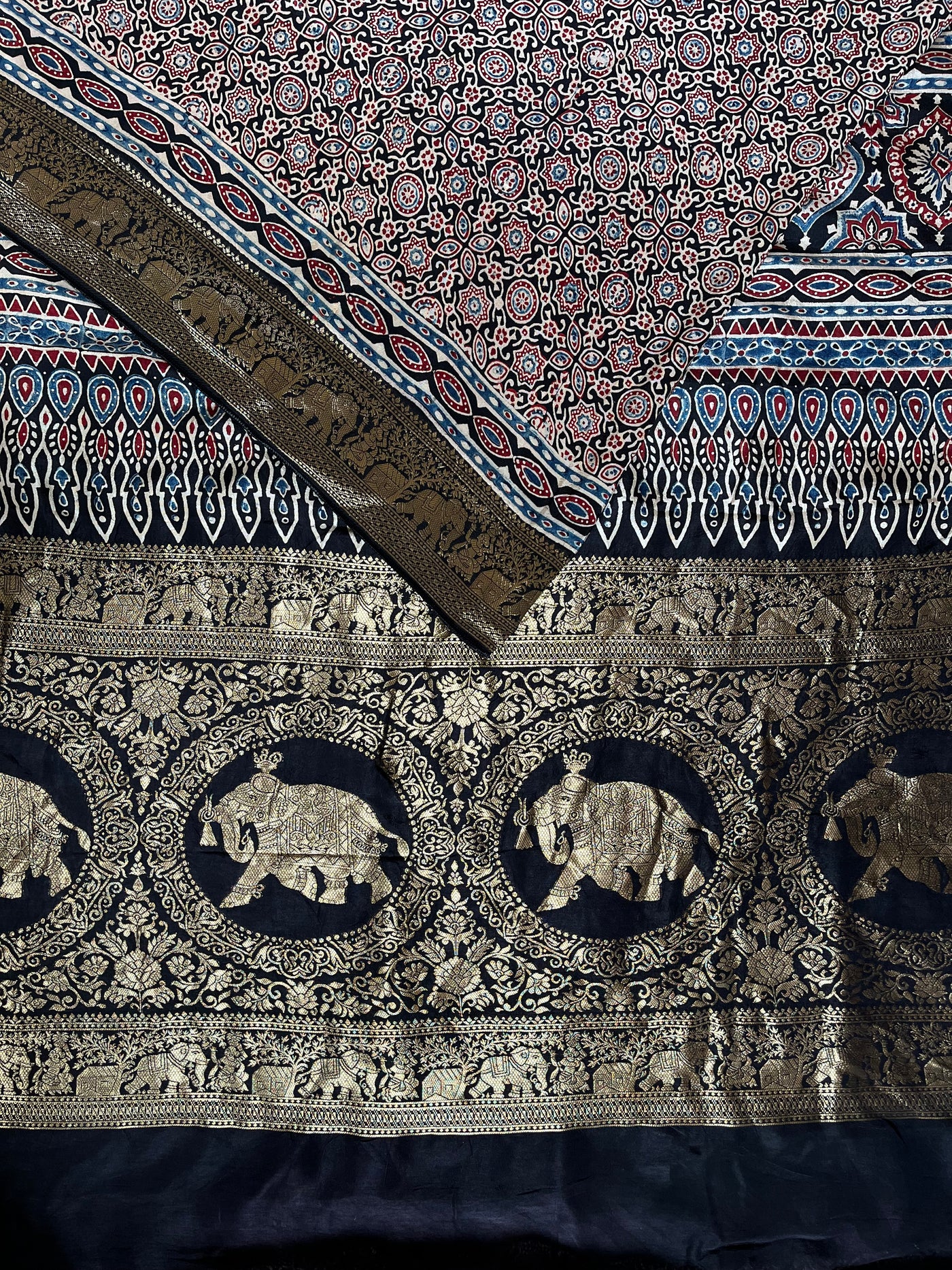 RADHIKA: Handblock Ajrakh Dola Silk Saree with Meenakari Pallu