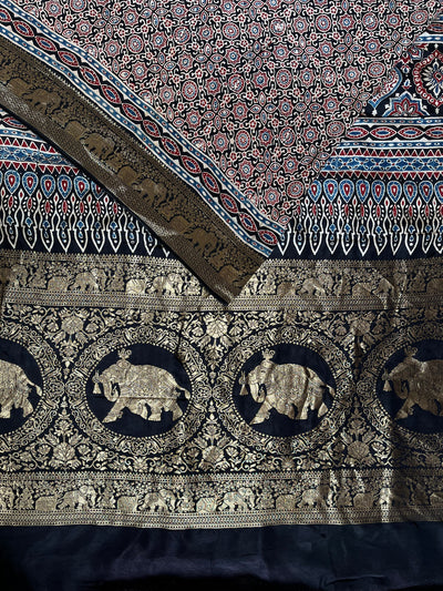 RADHIKA: Handblock Ajrakh Dola Silk Saree with Meenakari Pallu