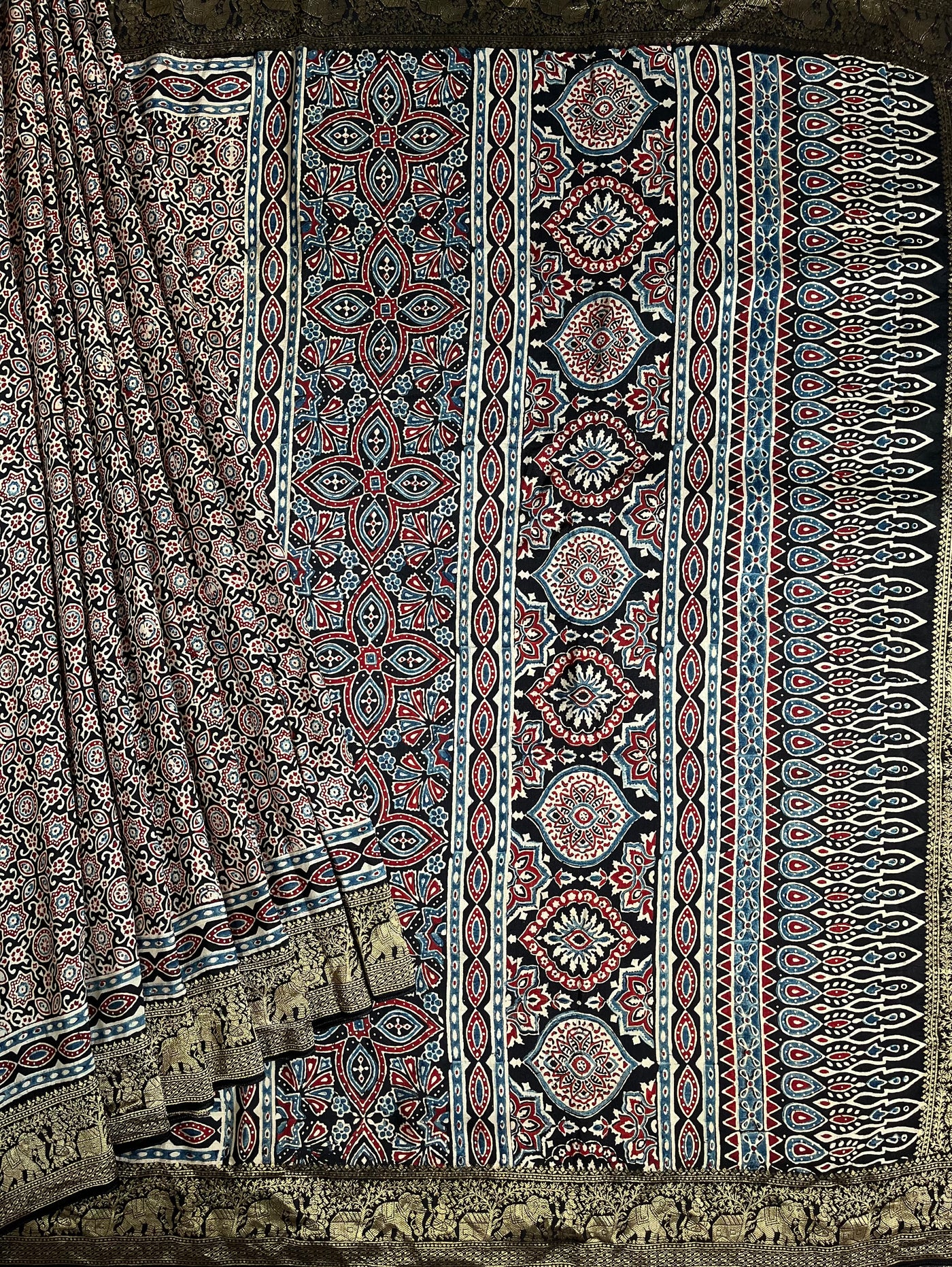 RADHIKA: Handblock Ajrakh Dola Silk Saree with Meenakari Pallu