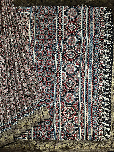 RADHIKA: Handblock Ajrakh Dola Silk Saree with Meenakari Pallu